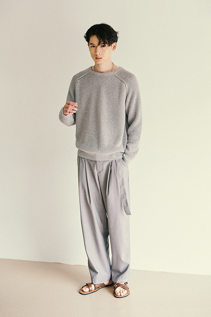 Piping Pocket Button Belted Wide Slacks_Light Gray